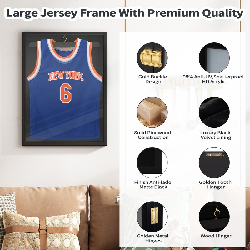 Sports Jersey Frame Box Display Case Rack Frame Locable Baseball Shadowbox Black gallery