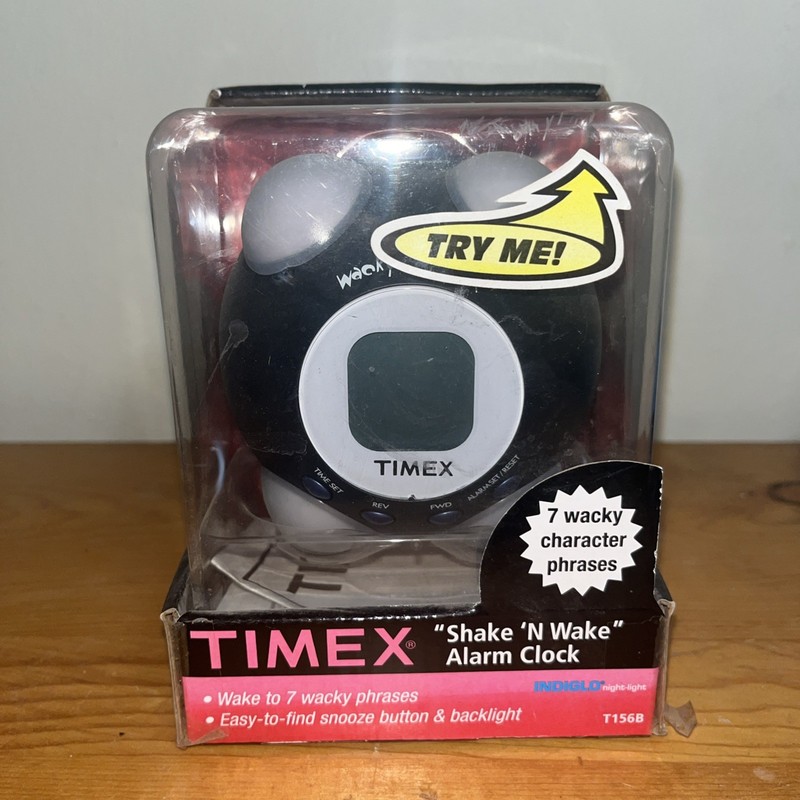 Timex Shake N Wake T156B Black Alarm Clock With 7 Wacky Characters BRAND NEW NIB