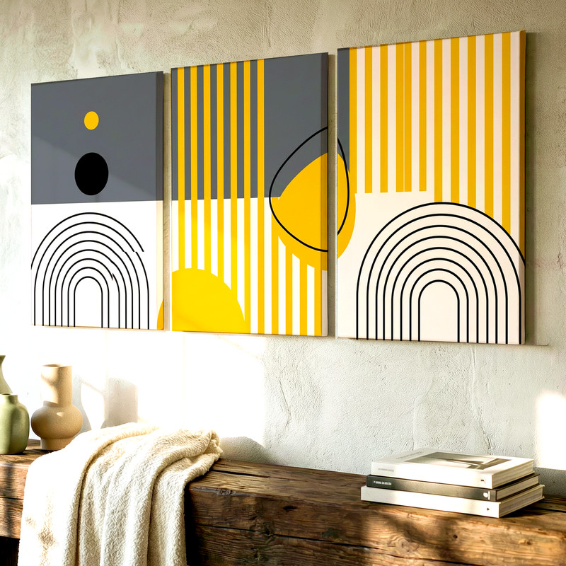 3 Pieces Contemporary Geometric Abstract Yellow Large Wall Art for Set Of 3