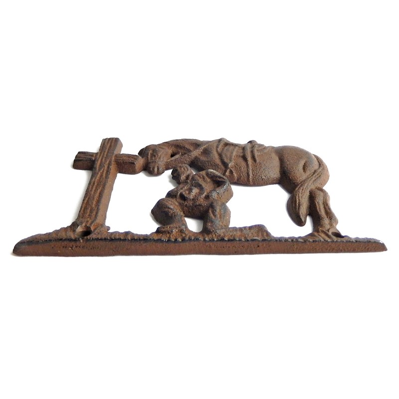 Small Cast Iron Praying Cowboy Rustic Brown Wall Decor Custom Hardware 5 3/4 in gallery
