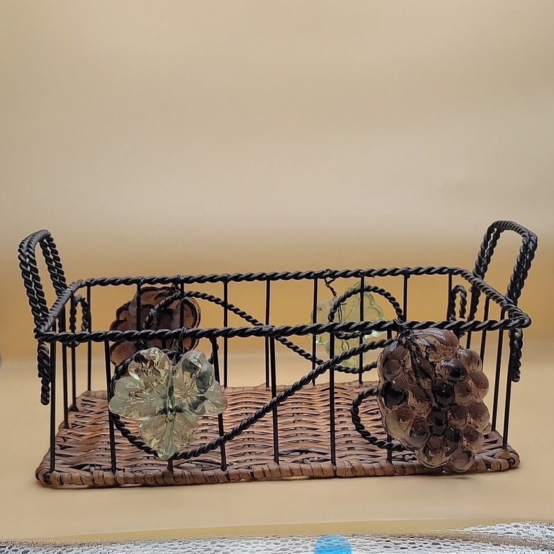 Rectangular Wicker Metal Basket with Glass Grape and Leaf Accents gallery