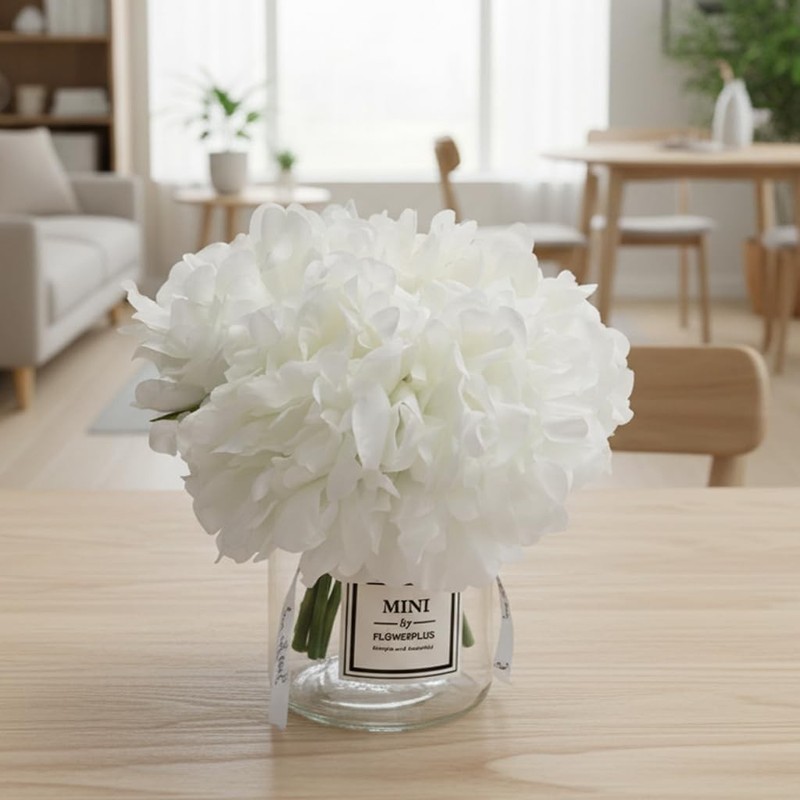 Artificial White Peony Bouquet in Mini Glass Vase – Faux Floral Arrangement f... gallery