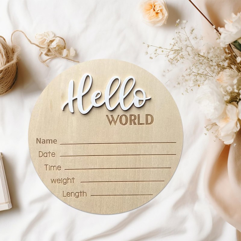 Baby Announcement Sign, ​5.9 Inch Wooden Hello World Newborn Signs, Birth gallery