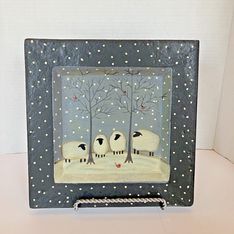 Donna White Square 4 Sheep with Cardinals in Snow Decorative Plate 10 x10″ Heavy