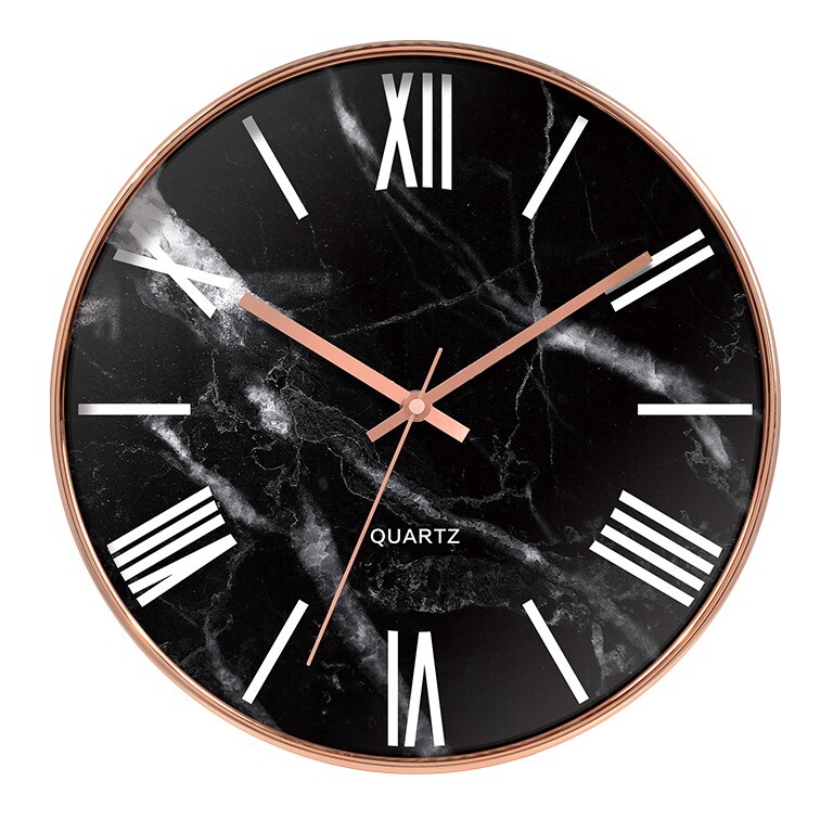 Rose Gold and Black Marble Design, Silent Non-Ticking 12 Inch Wall Clock, Modern