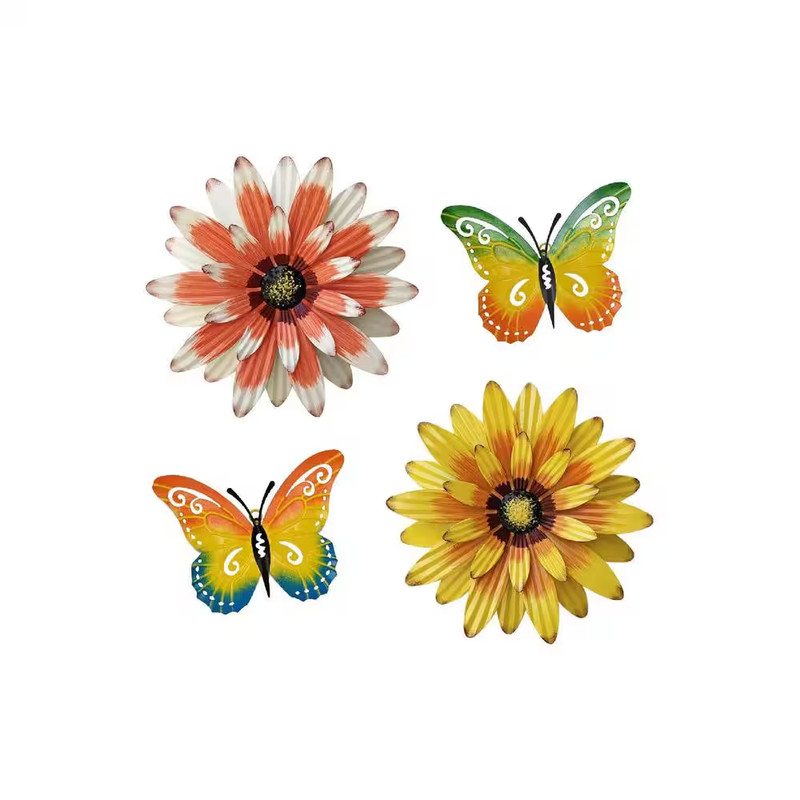 13 In. X 13 In. Yellow Metal Outdoor Flower and Butterfly 3D Wall Sculpture 4 Pa