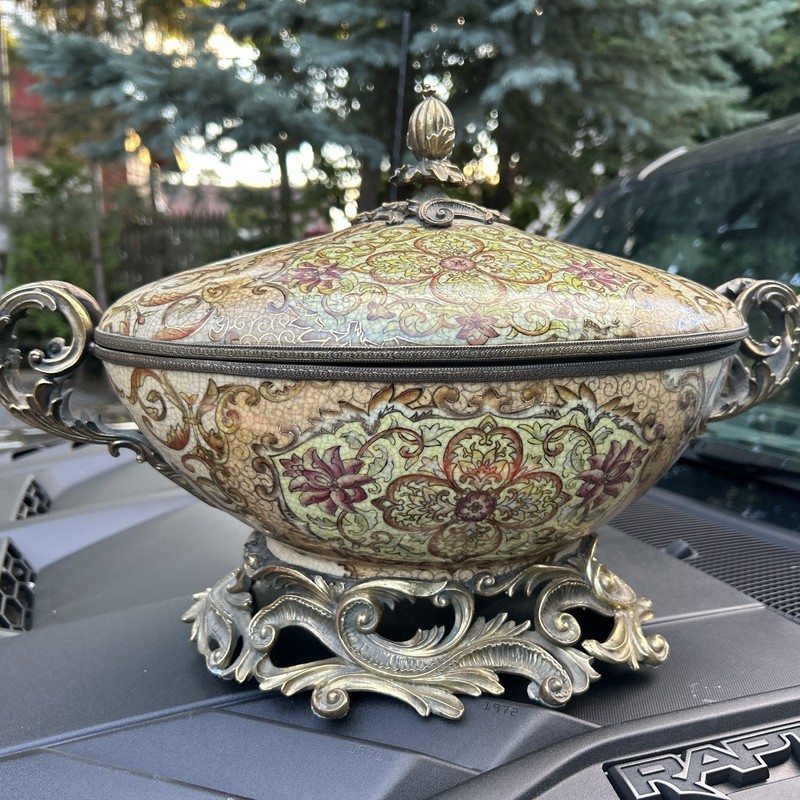 “DOMINIC”CERAMIC & BRONZE Enamel CENTERPIECE BOWL &Lid MASSIVE 20x13x9 Samutra