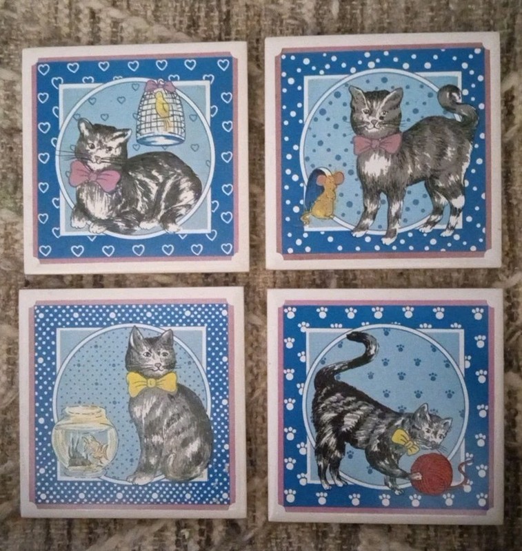 VTG Ceramic Cat Tile Trivets Coasters Wall Hanging Kitsch Kitchen Decor Set Of 4