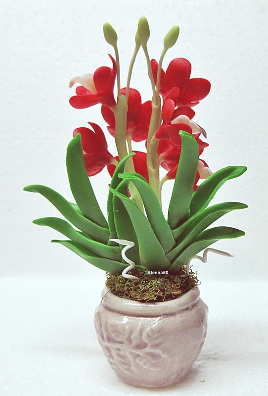US Stock 4"H Handmade Air-Dry-Clay-Crafted Cymbidium Orchid Arranged in Pot gallery