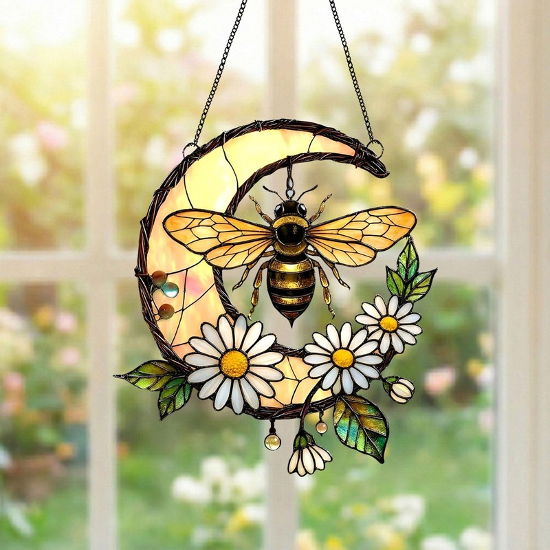 Bee Stained Glass Suncatcher Acrylic Window Hanging, Honeybee Gift for Garden