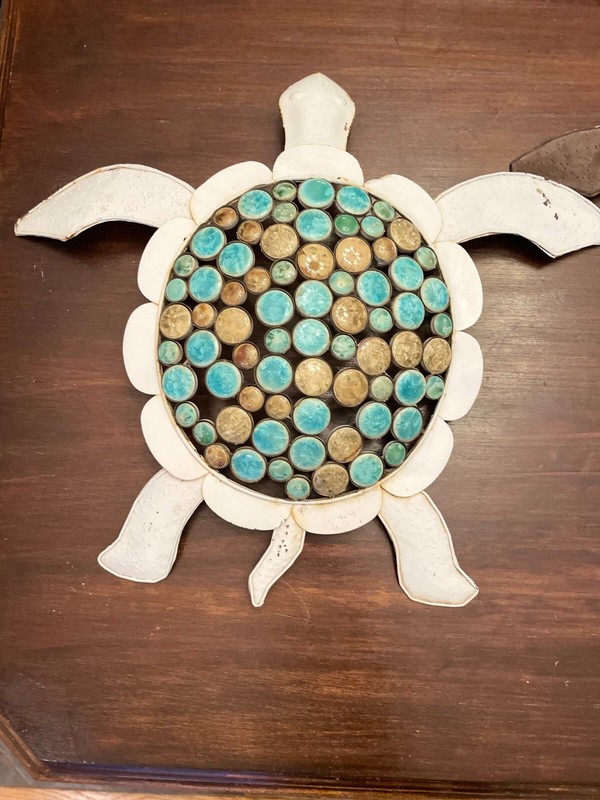 Vintage Metal Wall Hanging Turtle! Teal And Ochre Marbled Shell! Both are 19″.