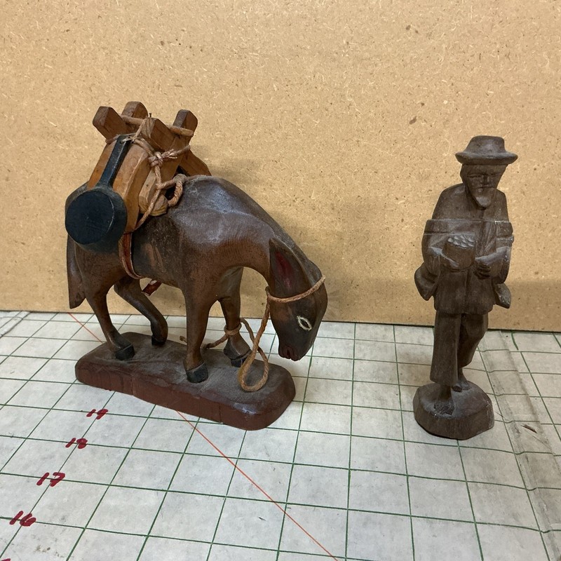 Hand Carved Wood Man With Packing Mule 6in. Tall Vintage