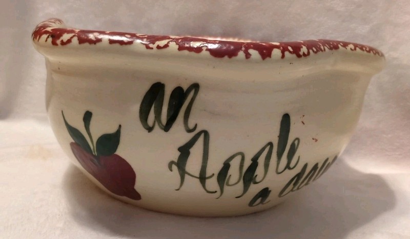 Lg Red and Green Sponge Stoneware Crock Apple Bowl An Apple A Day 5”Hx10”