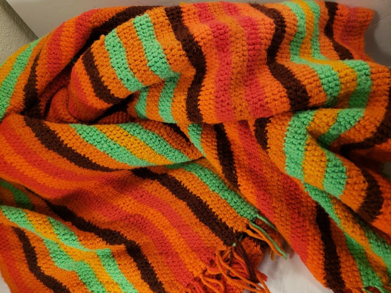 VTG 60s 70s Retro Groovy Knit Zigzag Afghan Bed/Couch Runner Fringe Neon 82x58 gallery