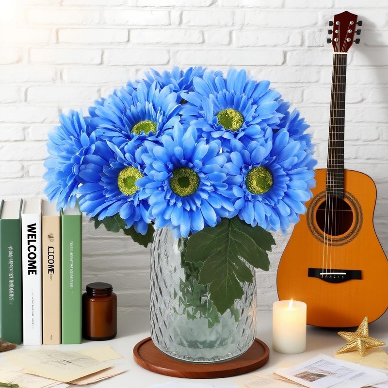 2 Bundles Artificial Gerbera Daisy Flowers 14 Heads Blue Fake Daisy with Stem... gallery