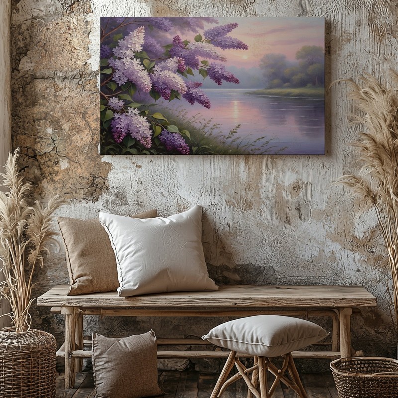 Purple and white lilac flowers with river sunset landscape canvas wall art print gallery