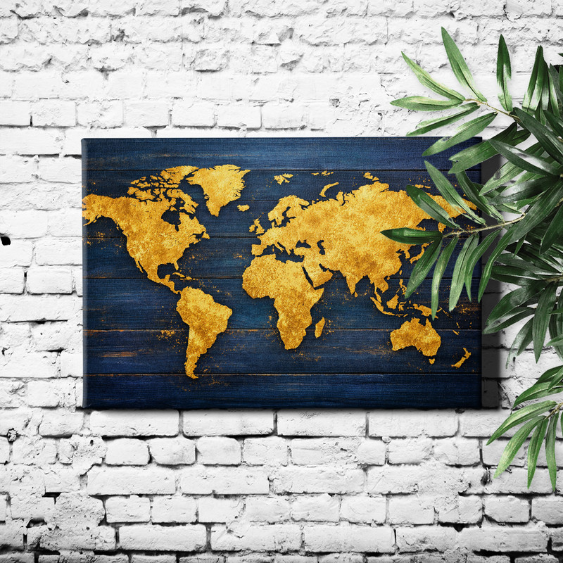 World Map Canvas Print Gold on Navy Blue Plank Background Antique Style
