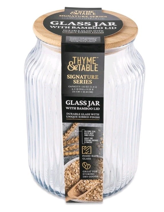 Thyme & Table ~ 116 Ounce ~ Ribbed Glass Jar ~ Canister w/Lid ~ 6.3 in x 9" Tall