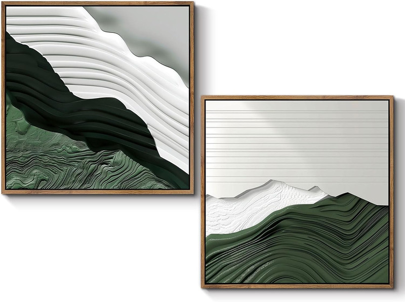 Set of 2 Abstract Wall Art Green and White Wave Texture Canvas Print Painting Mi gallery
