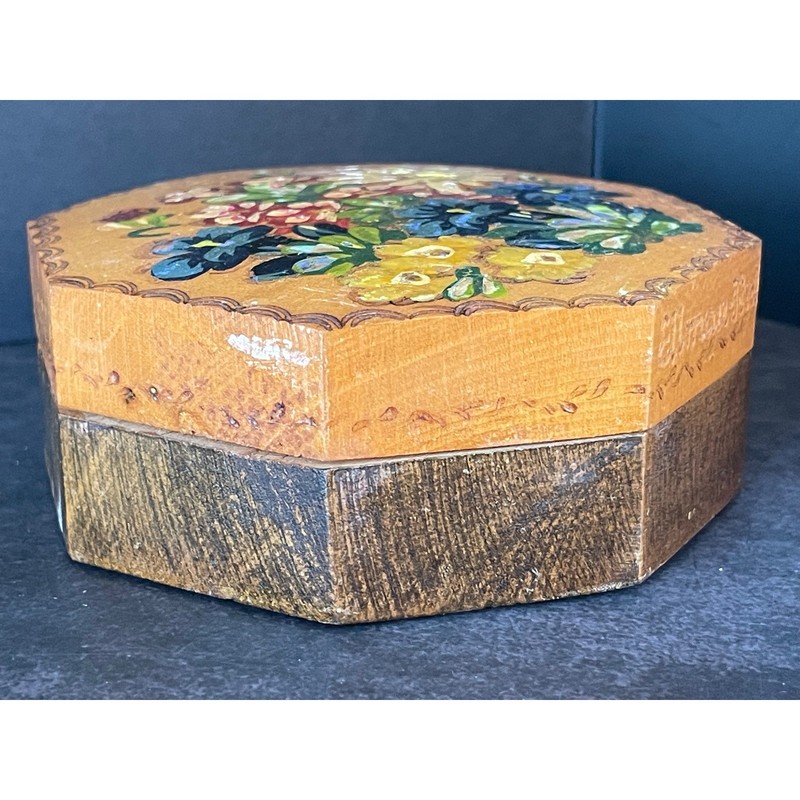 Vintage Hand Painted Floral Wooden Trinket Box Octagonal Hinged Lid Two-Tone gallery