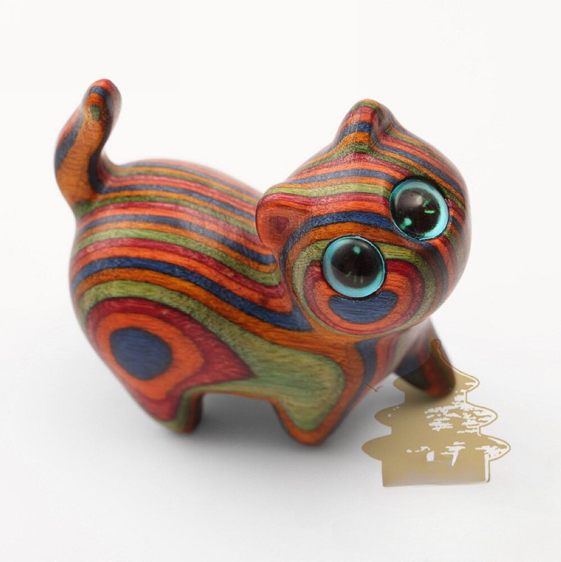 Handmade rainbow Wooden cat Figurine Statue Sculpture office desk study Decor