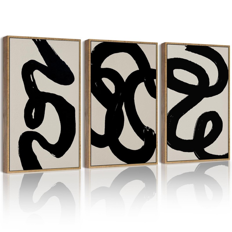 Black Abstract Wall Art Ink Wash Minimalist Lines Framed Canvas Painting Artw…