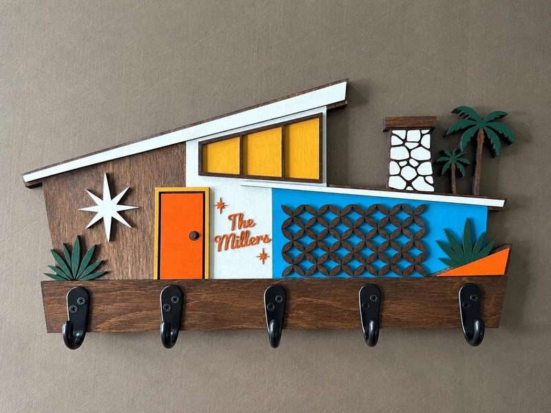 Mid Century Modern Key Holder- Wall Coat Rack- Retro House- 5 Hooks -MCM Decor gallery