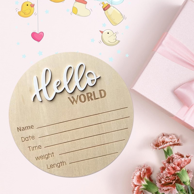 Baby Announcement Sign, ​5.9 Inch Wooden Hello World Newborn Signs, Birth gallery