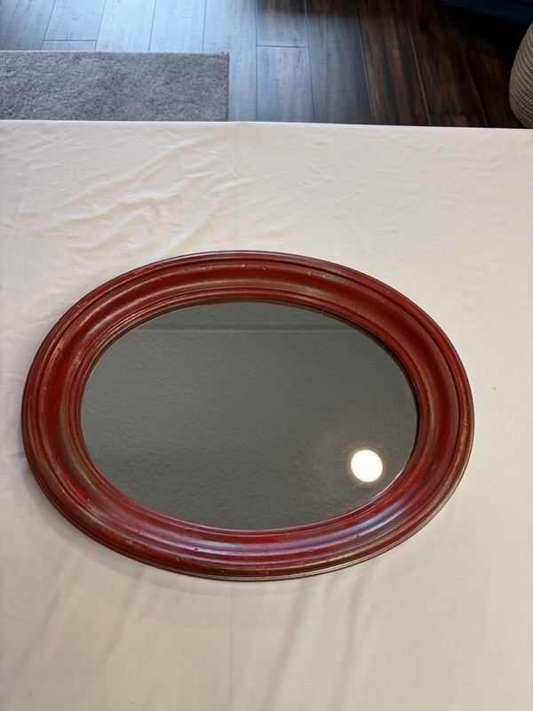 Vintage Oval Mirror in a Thick Solid Red Wooden Frame – 15x12x2”