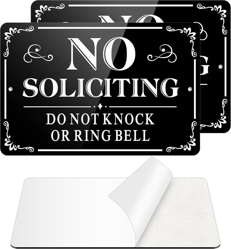 No Soliciting Sign for Front Door, (2 Pack) Self-Adhesive , 9 X 6 Inches Aluminu