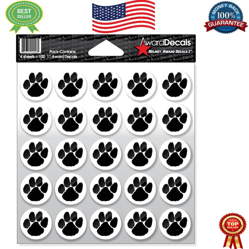 1″ Paw Stickers Set – 100 Heavy Duty Vinyl Award Decals for Sports Helmets