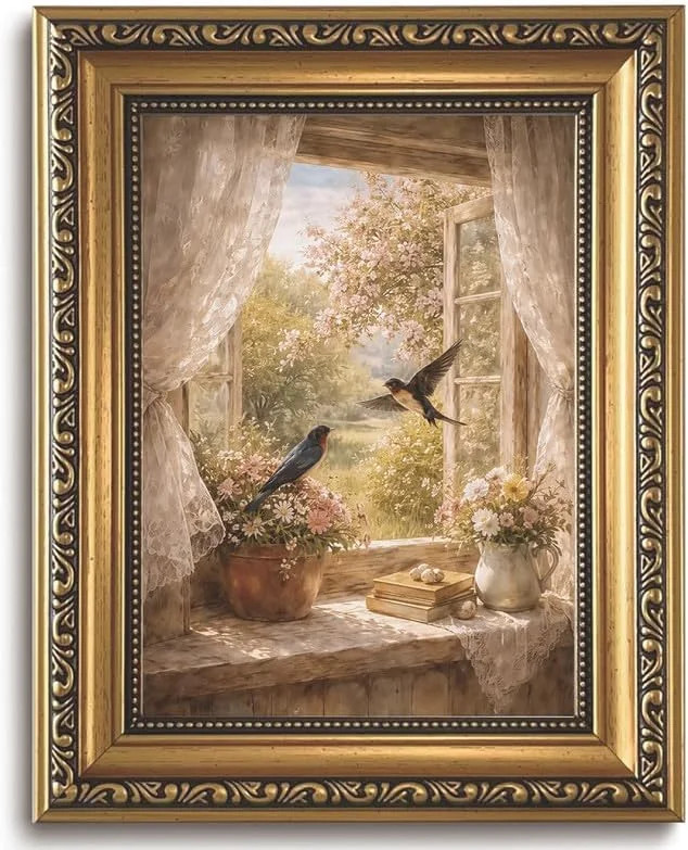 Gold Framed Wall Art Vintage Swallow Canvas Wall Art Birds Window View Print Rus