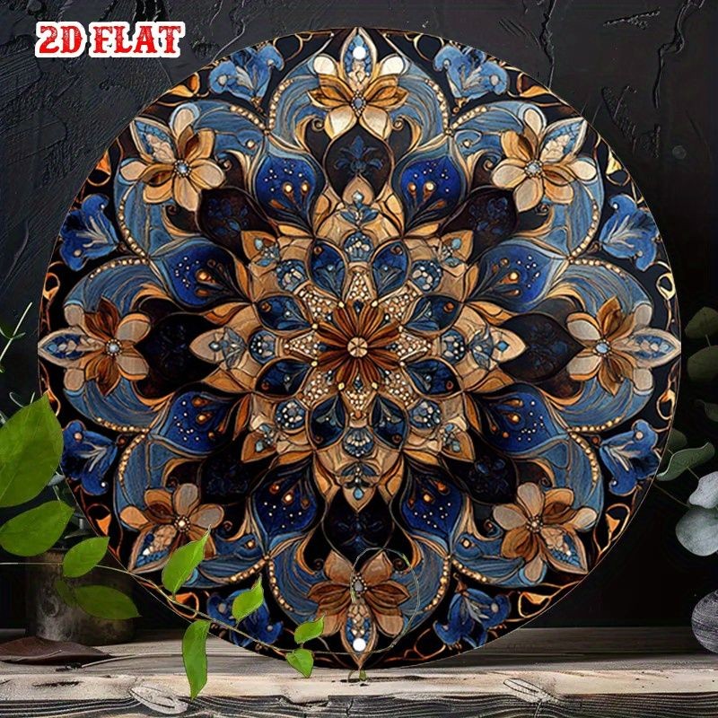 Round Blue Gold Mandala Metal Sign Boho Zen Spiritual Wall Hanging Decoration