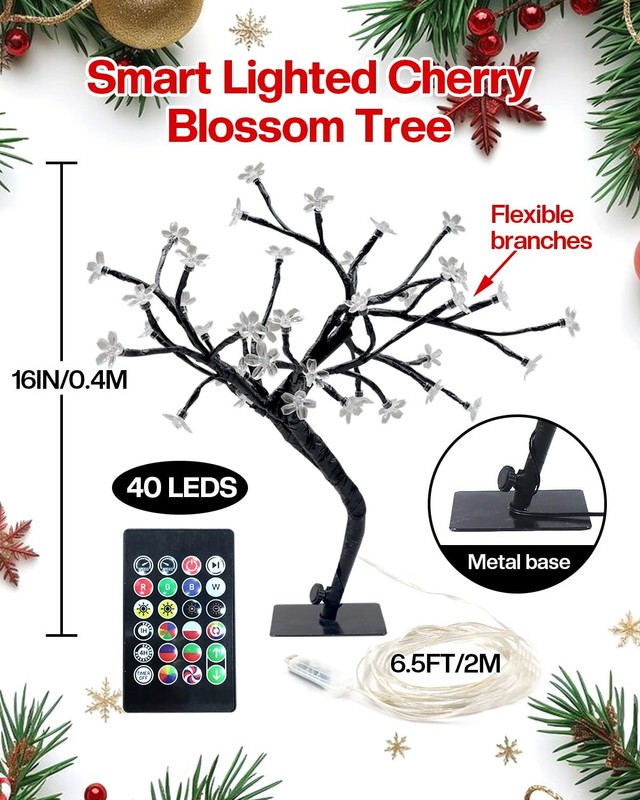 Smart RGB LED Cherry Blossom Tree Lamp, 16 Inch USB Lighted Bonsai for Desk, ... gallery