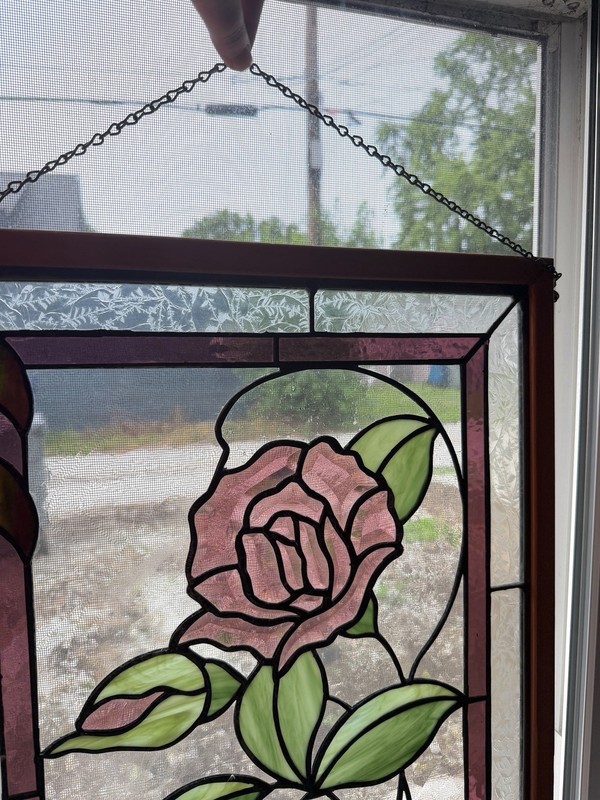 Large Stained Glass Rose Window Panel With Metal Chain. HEAVY gallery