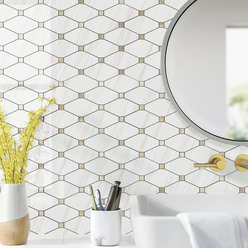 10 Sheets Peel and Stick Backsplash, Polished Dolomite PVC Mixed Metal Gold K... gallery