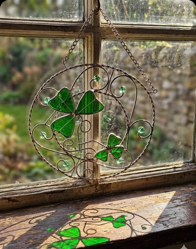 Vintage Stained Glass Shamrock Suncatcher – Wired Clover Decor