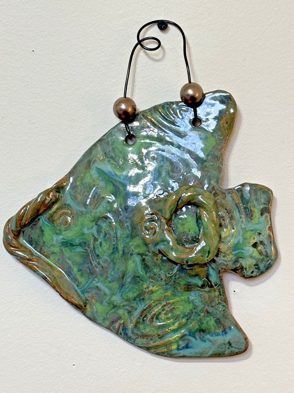 Ceramic Blue Green Glazed Fish Art Pottery Stoneware Hanging Plaque gallery
