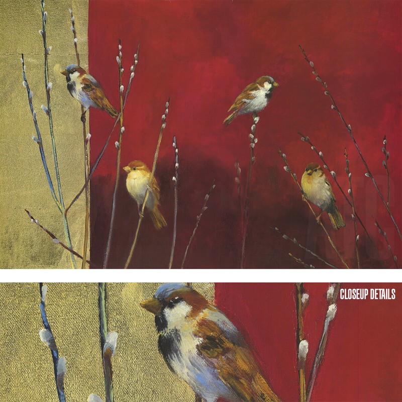 36W”x24H” SPARROWS IN WILLOWS by ELLEN GRAMTER – PASSERIDAE CHOICES of CANVAS
