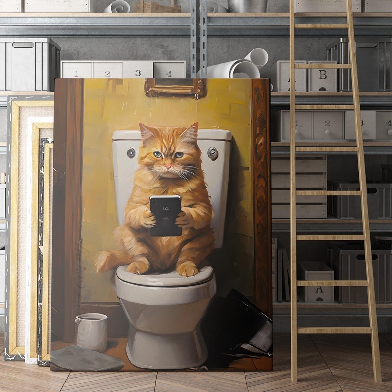 Cat On Phone On The Toilet Funny Kitten Animal Bathroom Canvas Wall Art Print gallery