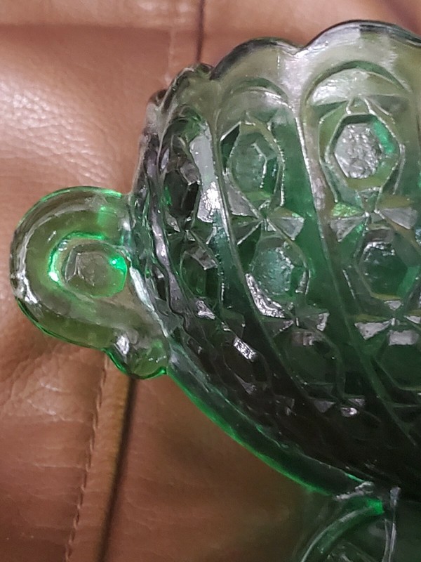 Large Deep Green Glass Daisy & Buttons Baby Carriage Candy Dish 9" X 5-1/2" X... gallery