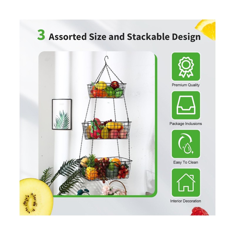 Hicarer 3 Tier Hanging Fruit Basket Square 35.4 Inch Fruit Orga... Fast USA SHIP gallery