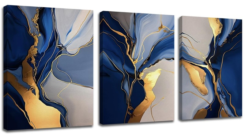 Blue Abstract Canvas Prints Wall Art Decor- Blue and Gold Artwork Paintings P…