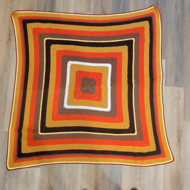 Vtg Handmade Crochet Log Cabin Afghan Throw Blanket 54×54 70s Earth Tone Orange
