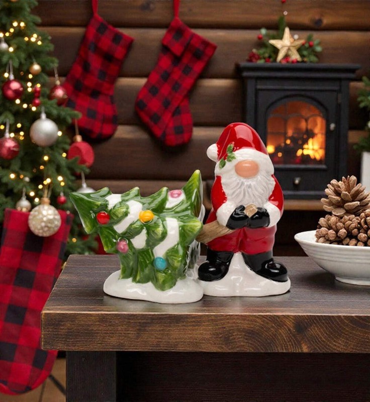 Ceramic Christmas Santa Claus Gnome Pulling Christmas Tree Salt and Pepper Shake