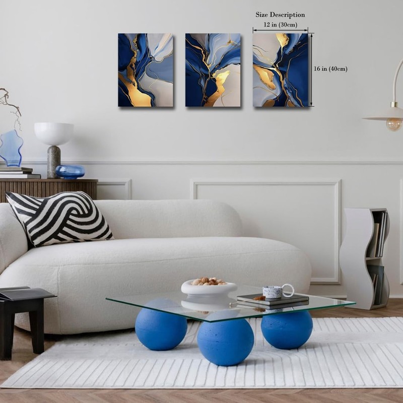 Blue Abstract Canvas Prints Wall Art Decor- Blue and Gold Artwork Paintings P... gallery