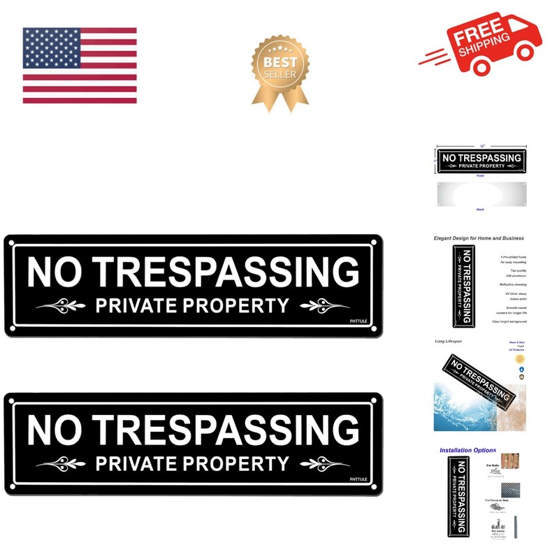 No Trespassing Private Property Sign 2 Pack, 12 x 3 inches Sturdy Rust Free A…