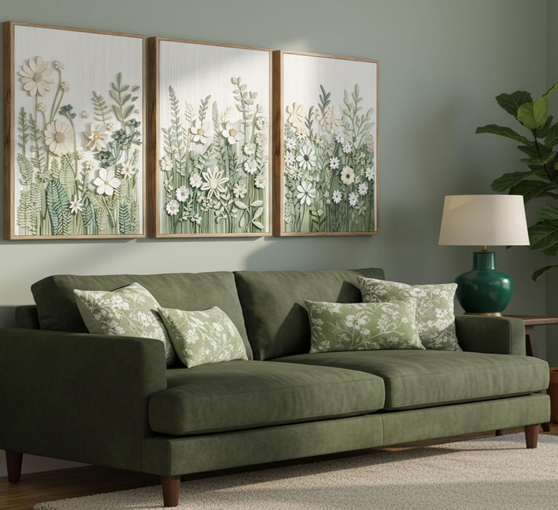 Framed Sage Green Wildflowers Canvas Art Set for Minimalist Home Decor gallery