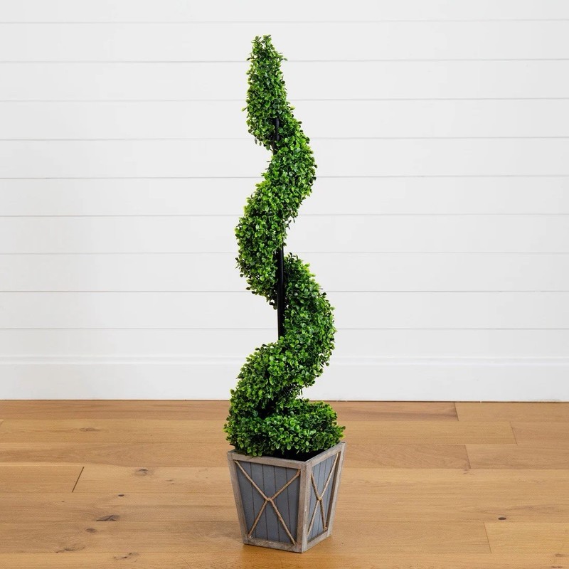 45” UV Resistant Artificial Boxwood Spiral Topiary Tree w/LEDs (Indoor/Outdoor) gallery