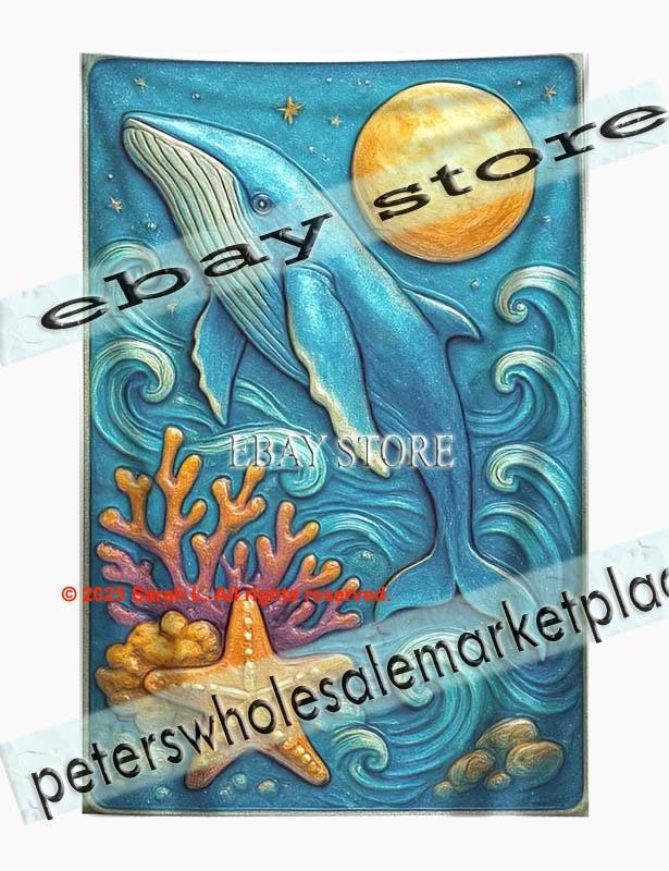 Whale Moon Ocean tapestry 3D relief look man cave 59X82 in gallery